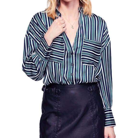 Free People Womens Striped Button Up Shirt, Blue, Large