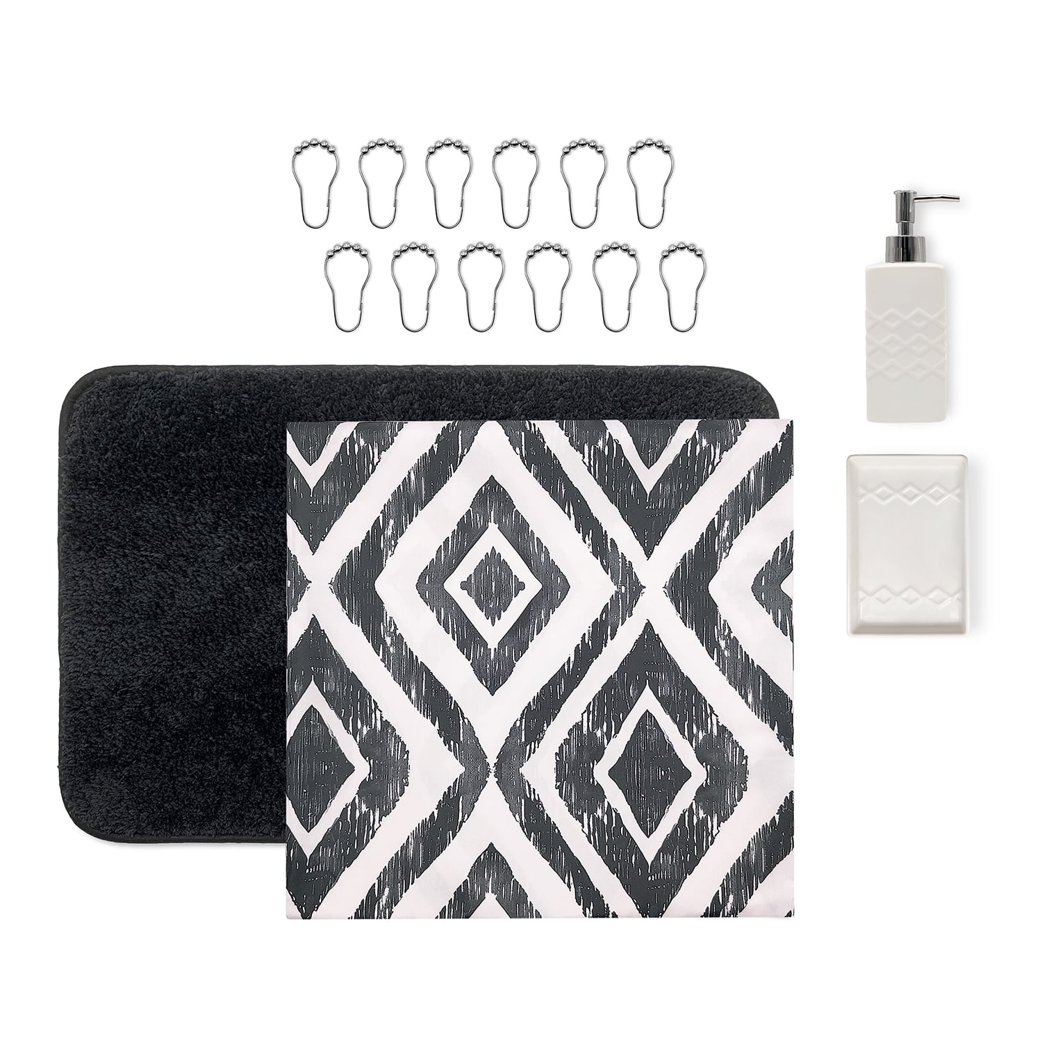 Mainstays 16-Piece Black Diamond Pattern Shower Curtain Bathroom Set – Fabric Curtain with Rug, Hooks, Soap Dispenser & Tray