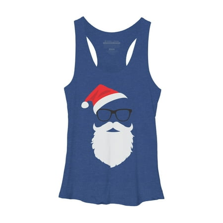 Hipster Santa Face with Hat beard & Glasses Christmas Womens Royal Heather Blue Graphic Racerback Tank Top - Design By Humans XS