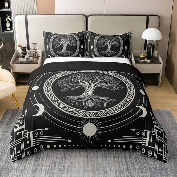 Tree of Life Bedding Set Cartoon Sum Moon Wild Plants 100% Cotton King Duvet Cover 3 Pcs Teens Adults Geometric Lines Circles Boho Exotic Comforter Cover,2 Pillowcases(No Comforter)