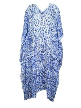 Mogul Women Blue White Maxi Caftan Georgette Embroidered Maxi Kaftan Abaya Long Caftan Dress Plus Size