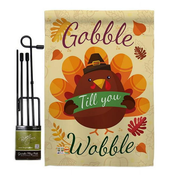 Breeze Decor BD-TG-GS-113063-IP-BO-D-US17-BD 13 x 18.5 in. Gobble Till you Wabble Fall Thanksgiving Vertical Double Sided Mini Garden Flag Set with Banner Pole