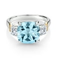 thumbnail image 2 of Gem Stone King 925 Silver and 10K Yellow Gold Sky Blue Topaz and Moissanite 3 Stone Ring for Women (4.71 Cttw, Gemstone Birthstone, Cushion 10MM, Round 4MM, Size 5), 2 of 3