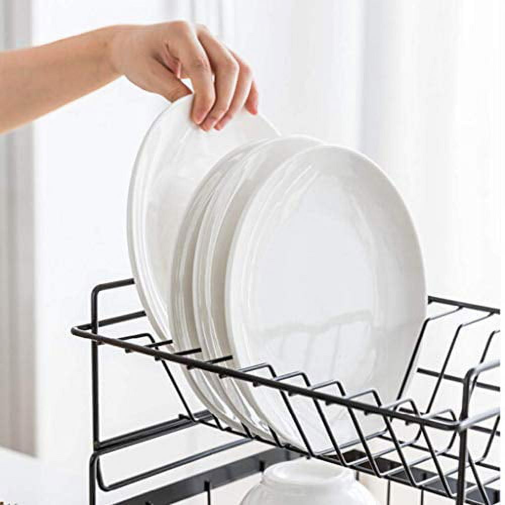 FETCOI Dish Drying Rack with Transparancy Shield Modern Dish Organizer  Dust-Proof Kitchen Utility Storage Drainer Box with Detachable Drip Tray  for