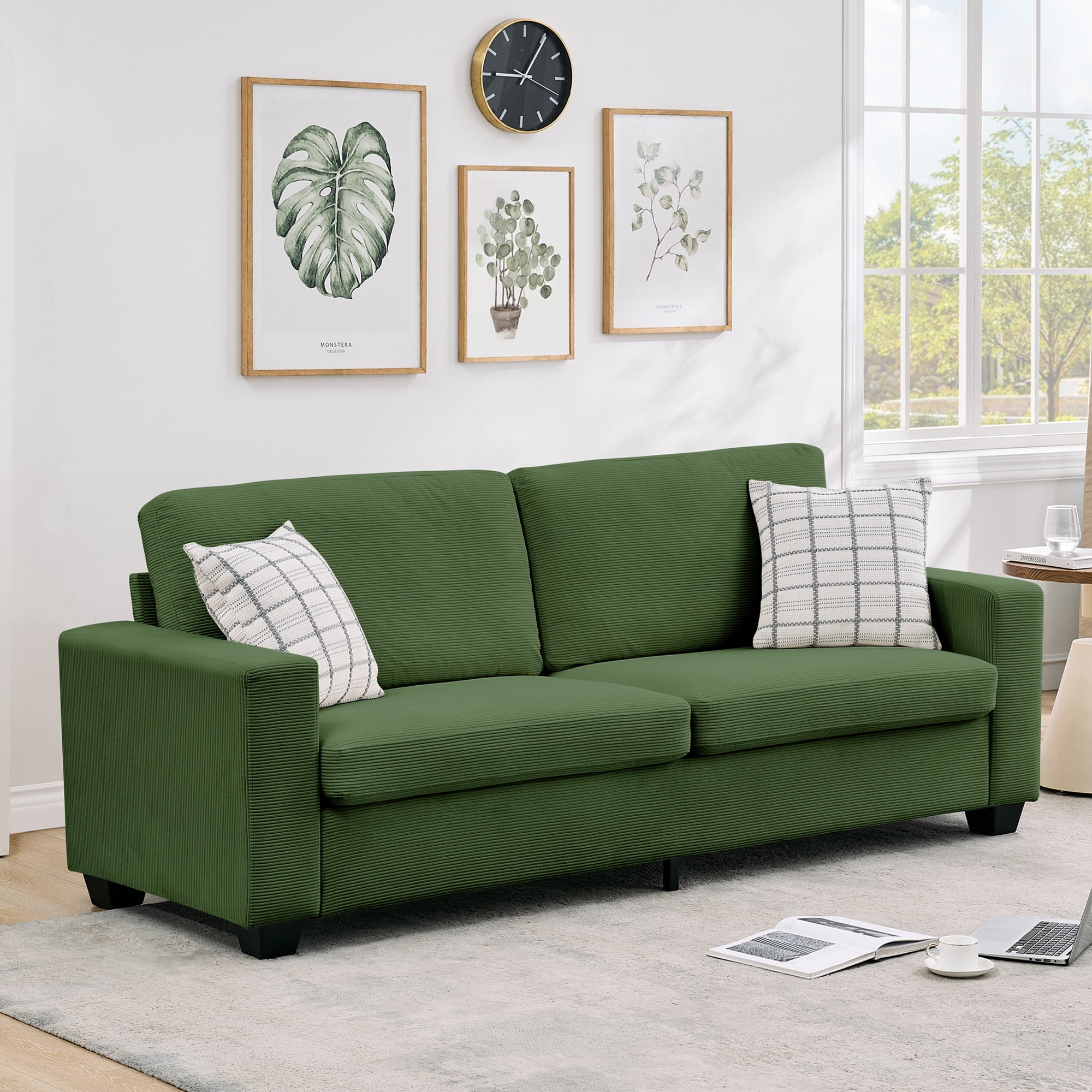 Kicctian 83" Wide 3-Seater Corduroy Couch with Deep Seat, Modern Sofa with Washable Covers and Wide Armrests, Comfortable Loveseat for Living Room, Bedroom, Office or Small Spaces,Green