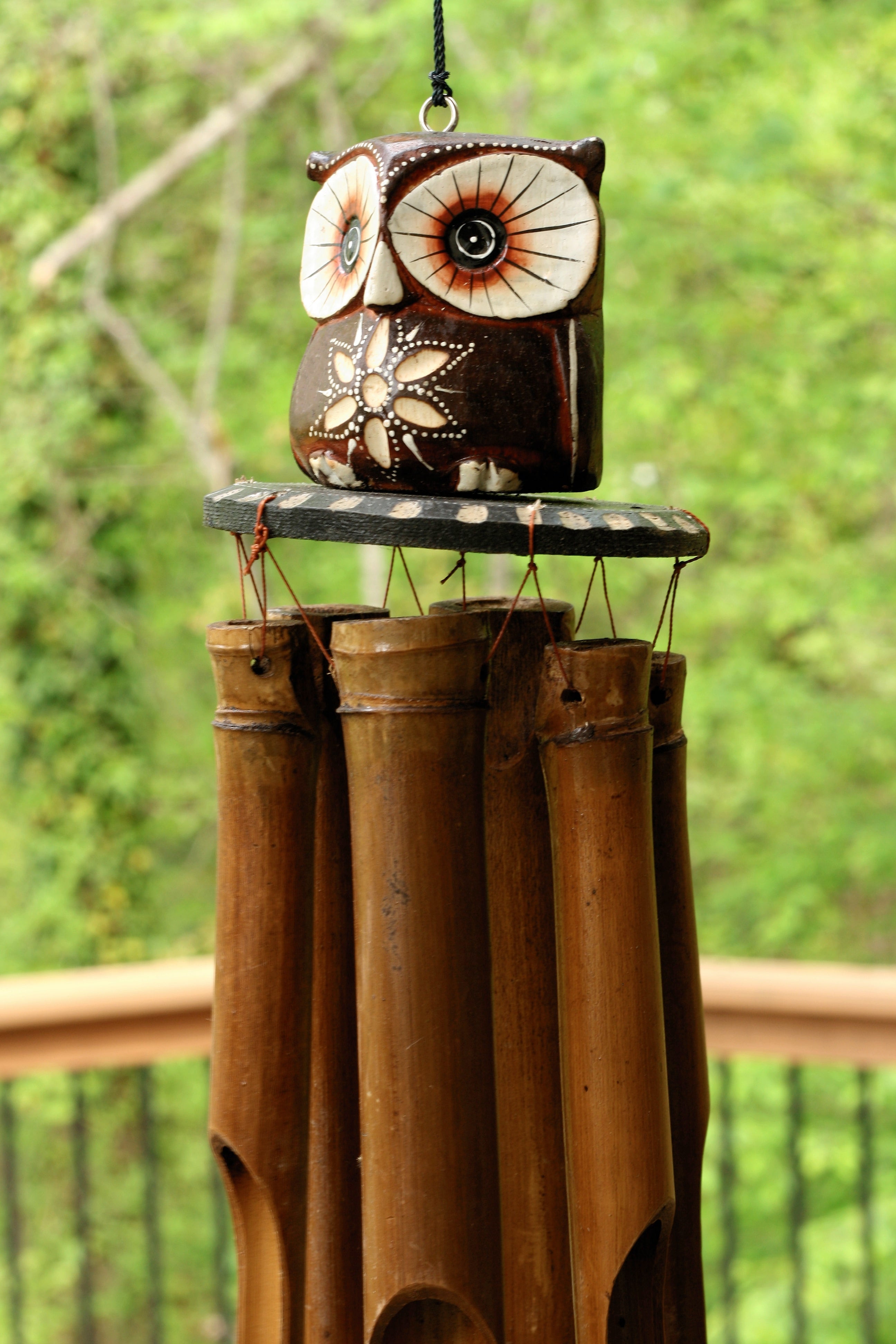 Handcrafted Bamboo Owl Wind Chime Rustic Outdoor Décor for Garden Patio Porch Balcony, Soothing Tone