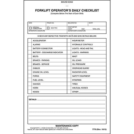 Forklift Operator Daily Checklist 10-pk. - Book Format, 2-Ply, Carbonless, 5.5" x 8.5", 31 Sets of Forms Per Book - Safety & Maintenance Forklift Checklist Inspection Book