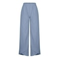thumbnail image 4 of CFLVAEK Plus Size Wide Leg Trouser Style Cotton Linen Pants for Women with Elastic High Waist Petal Shaped Cuff Pant Baggy Solid Pocket Beach Trousers Loose Tall Length Lounge Pants XXXXL Blue, 4 of 7