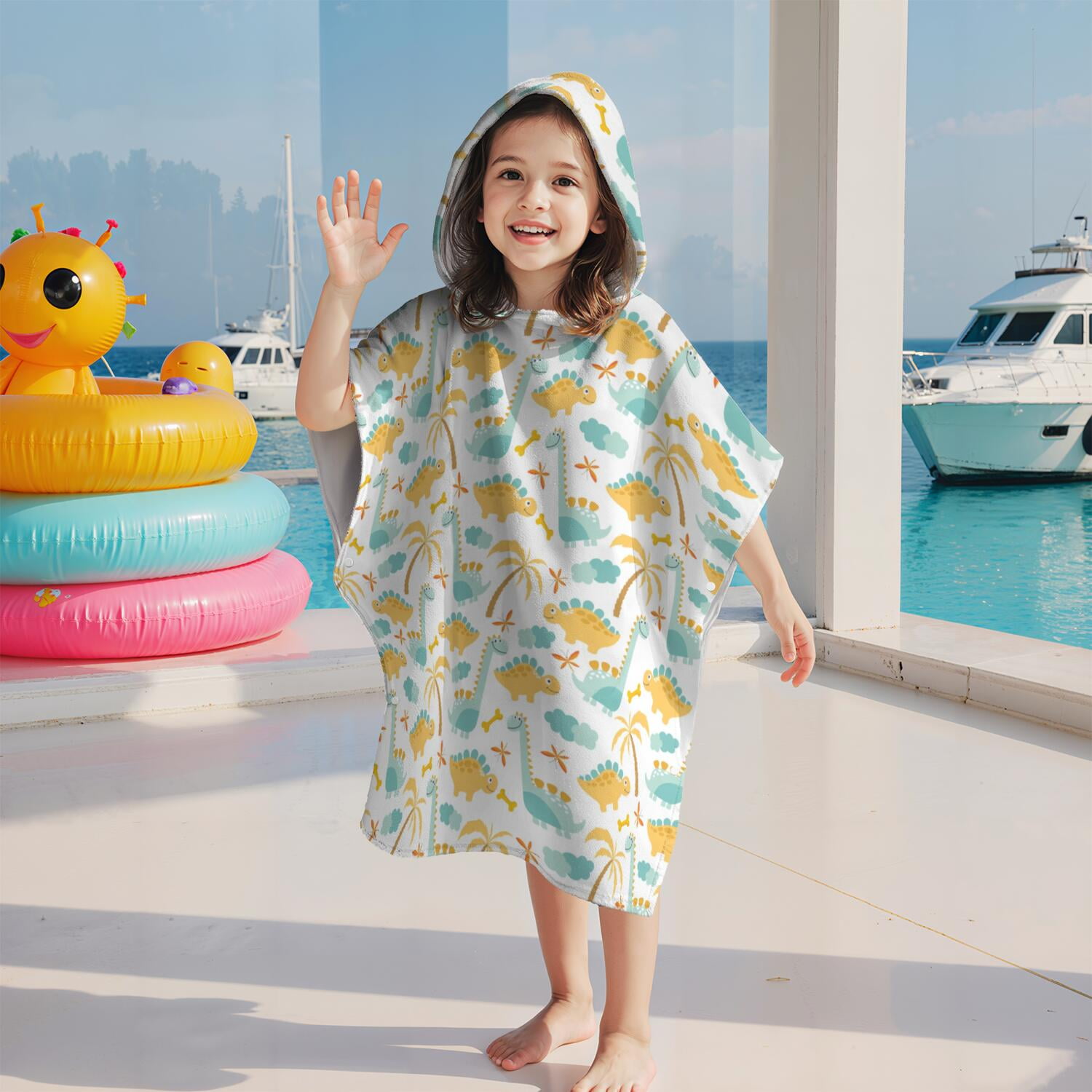 Hooded Kids Beach Towels - Toddler Bath Towel Girls Boys Swimming Cover-ups for Ages 2 to 6 Kids Pool Towels Quick Dry Lightweight Soft Microfiber Poncho Towel 28x28 (Dinosaur Pattern)
