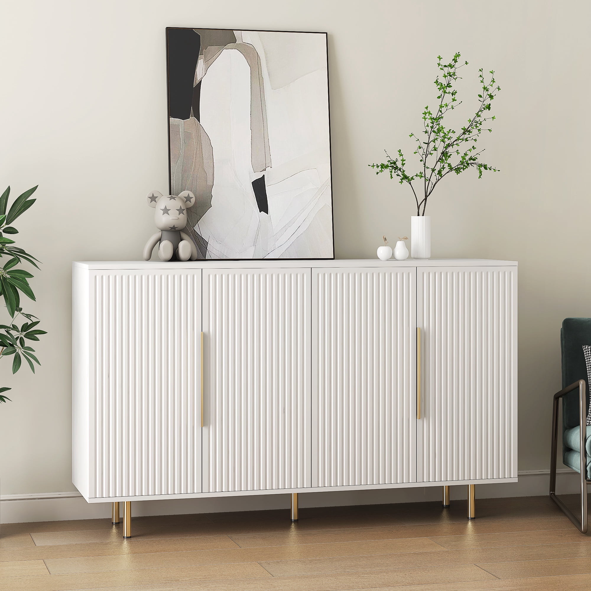 Buffet Cabinet with Storage, Fluted Sideboard Large Buffet with Adjustable Shelves, Credenza, Accent Cabinet Console Table