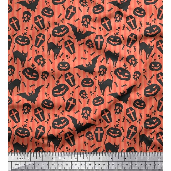 Soimoi Cotton Voile Fabric Stripe,Bat & Skull Halloween Print Fabric by Yard 56 Inch Wide