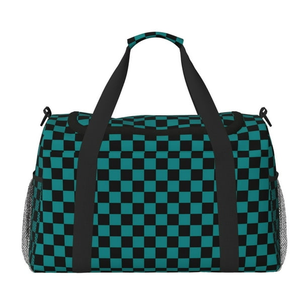 Balery Black And Teal Checkerboard Bolsa de Gimnasio para Mujeres, Bolsa de Viaje con Bolsillo Húmedo, Bolsa de Fin de Semana para Mujeres, Bolsa de Viaje Resistente al Agua