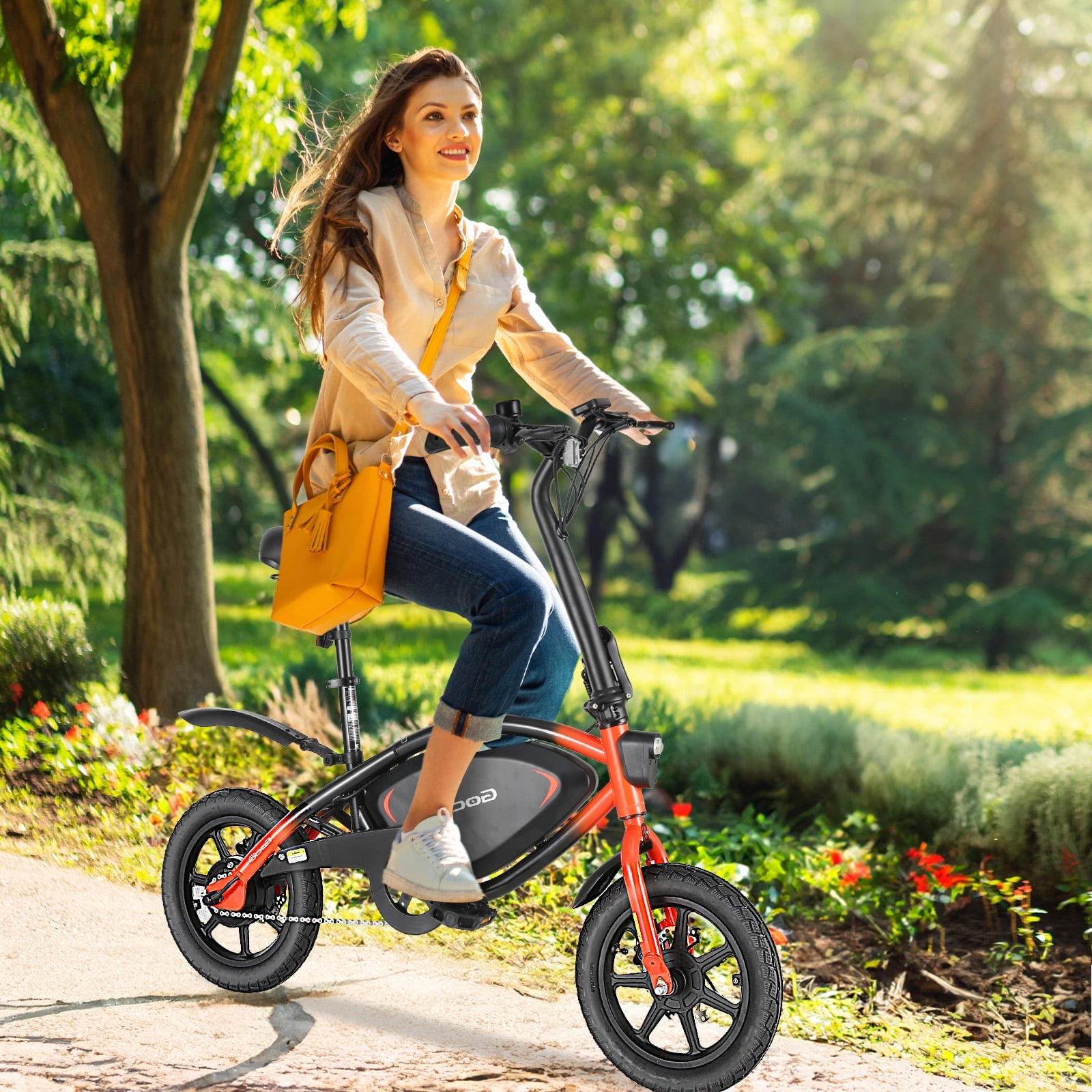 Gocio 14" Foldable Electric Bike, 375Wh 48V Electric Bicycles for Adults Women Teens, Peak 500W City Commuter Cruiser Ebikes, LED Display, E bike One-Piece Tire with 5 Riding Modes UL2849 Certified