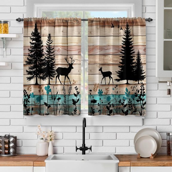 dinii Wooden Barn Door Kitchen Curtains: Farmhouse Vintage Plank Striped Short Cafe Curtains Decor for Living Room Tier Curtains for Bathroom Rod Pocket Window Drapes 36 Inch Length 2 Panels Set