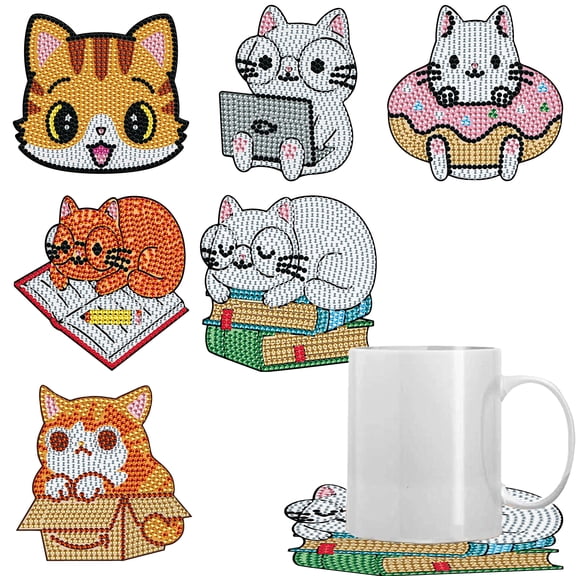 6pcs DIY Diamond Painting Coaster Kit with Lazy Cat Design, Includes Stand The Perfect Choice for Home Decor and Gifting