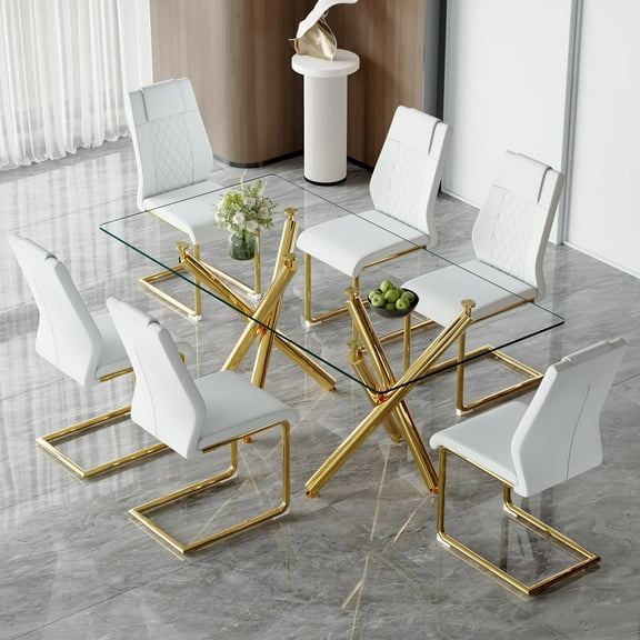 LUFTUT 71" Glass Dining Table Set for 6, Modern Dining Room Table with Gold Metal Legs and 6 Faux Leather Upholstered Chairs, Rectangle Dining Table for Kitchen and Dining Room