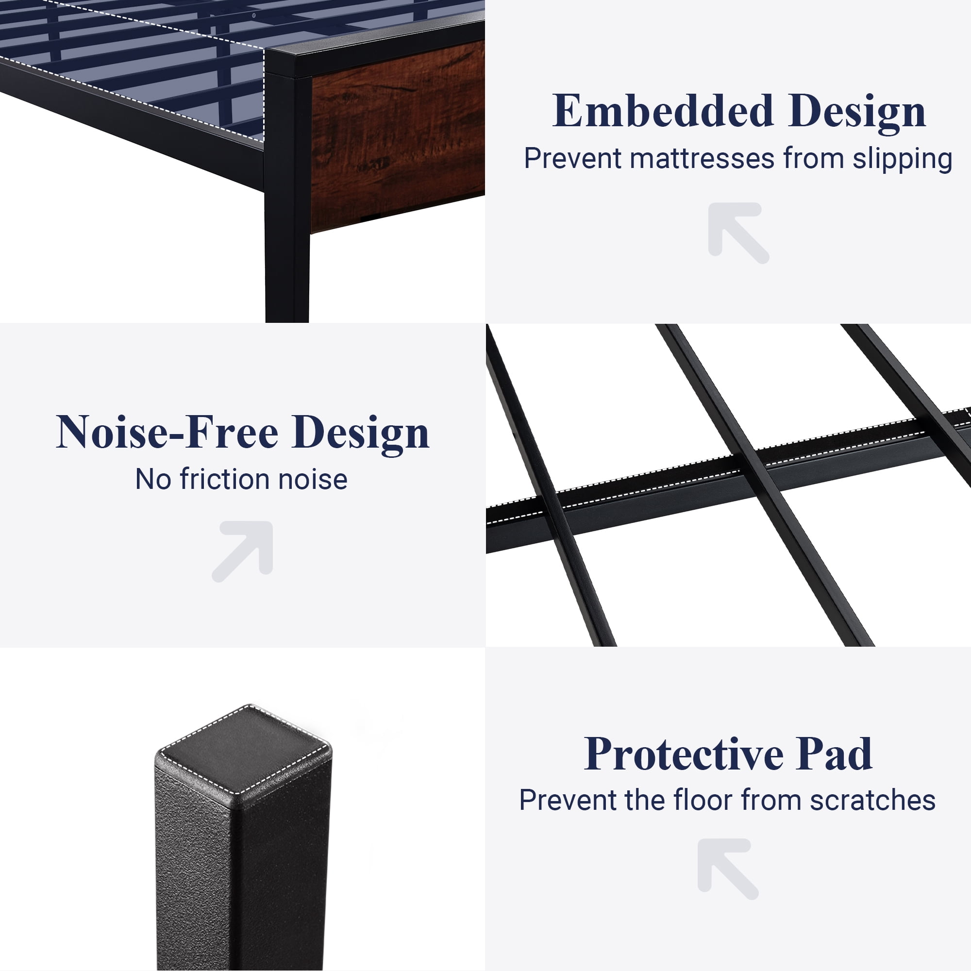 Allewie Queen Size Bed Frame, Heavy Duty Metal Platform Bed with Wooden Industrial Headboard & Footboard, No Box Spring Needed, Mahogany