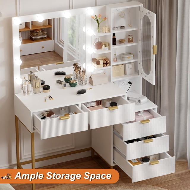 GloryStar Bancs de Coiffeuse, Coiffeuse Moderne avec Miroir Réglable, Station de Recharge Intégrée, 5 Tiroirs, Table de Toilette Gain de Place pour Chambres