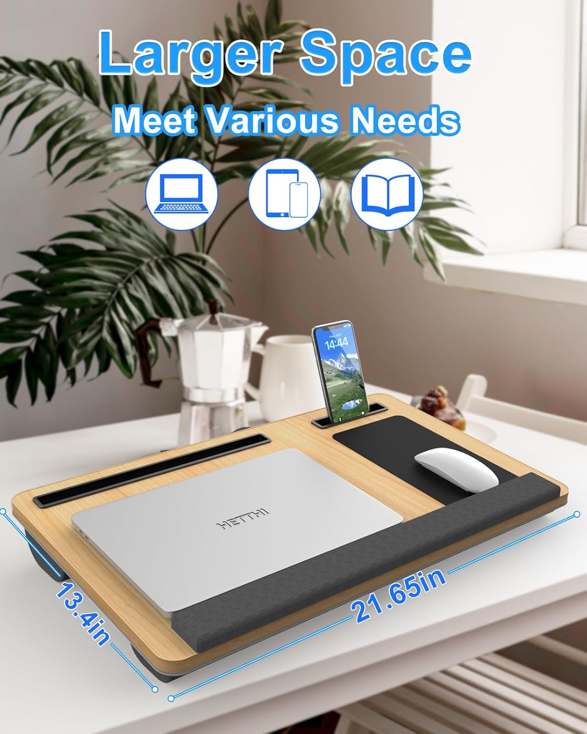 Laptop Lap Desk, Portable Large Laptop Desk for Bed, Up to 17 in Lap Table with Wrist Rest, Mouse Pad, Tablet Phone Slot, Portable Handle, Lap Tray with Cushion (Dark Brown)