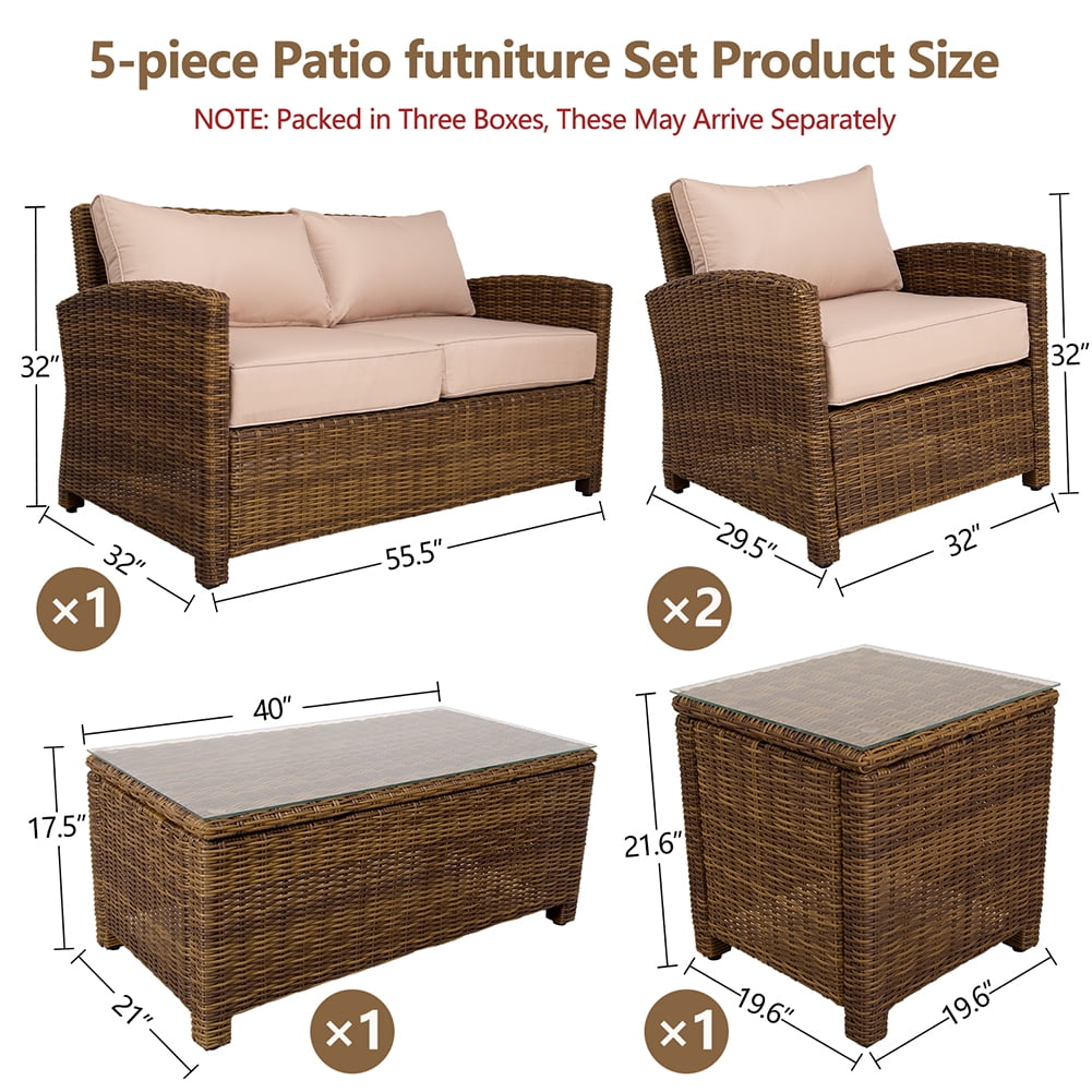 Kadyn 5 Pieces Patio Furniture Set, Outdoor Patio Rattan Furniture Sofa Set for Bistro, PE Rattan Conversation Set with 2 Table, Loveseat and 2 Single Chairs, Khaki