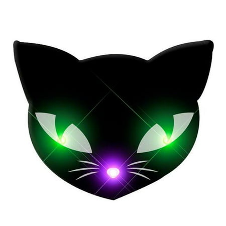 Black Kitty Cat Glowing Green Spooky Halloween Eyes Flashing Blinky Light Necklace
