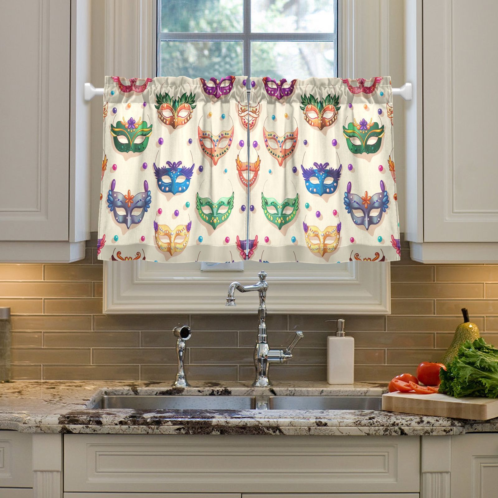 Carnival Masks Beads Kitchen Curtains Half Tier Curtain 2 Rod Pockets Bathroom Bedroom Cupborad Living Room 27"x36"