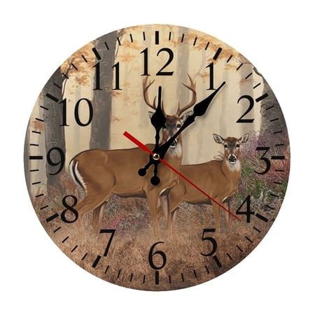 Whitetail Deer Buck3 Round Wooden Wall Clock, Silent Non-Ticking Decor Clock for Home Multi Room Use