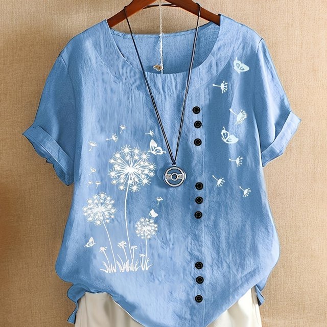 Plus Size Dandelion Print Short Sleeve T-shirt, Women's Plus Casual Round Neck Tee