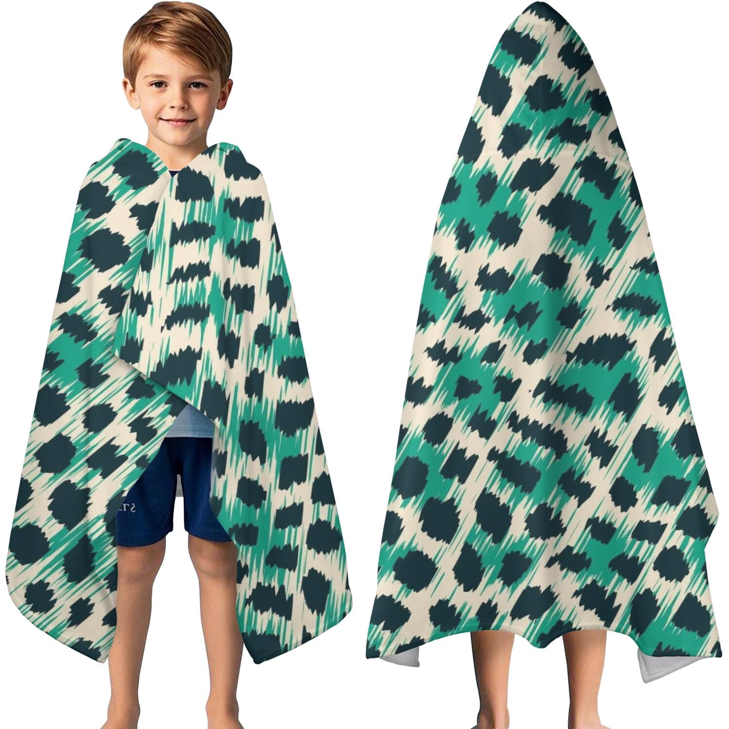 Leopard Pattern with Green and Black Spots Hooded Bath Towel，60"x35" for Ages 3 To 12 Kids, Quick Dry Lightweight Soft Microfiber Hood Beach Towel Cover Up for Kids