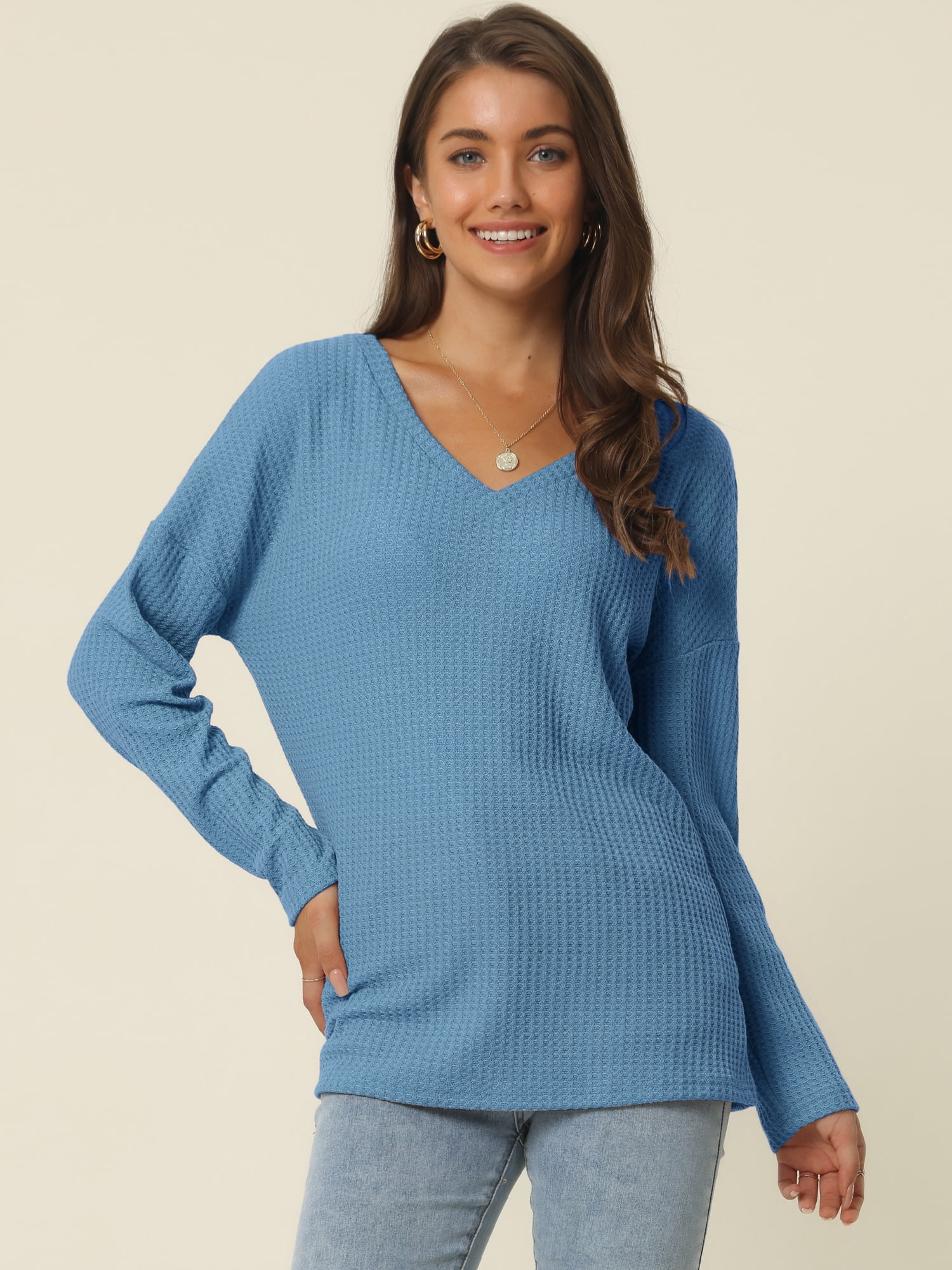 Women's Waffle Knit V Neck Long Sleeve Casual Blouse Lightweight Top M Blue