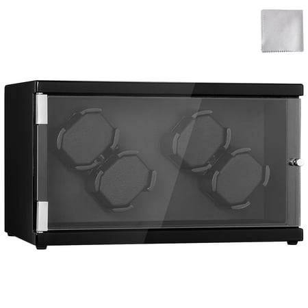 Watch Winder for Automatic Watches, Holds 4 Men's or Women's Timepieces, Features Ultra-Quiet Dual Japanese Motors, Blue LED Display, and Durable Black PU Case.