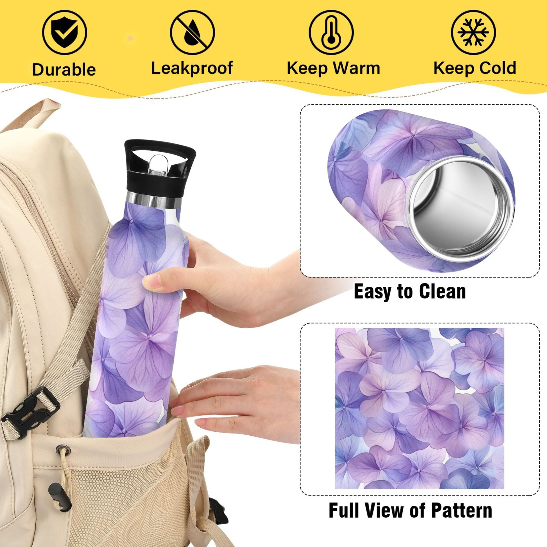 600ML Stainless Steel Insulated Cup Sports Water Bottle Portable Thermos Cup Water Glasses Insulated Tumblers Convenient and Durable Purple Hydrangea