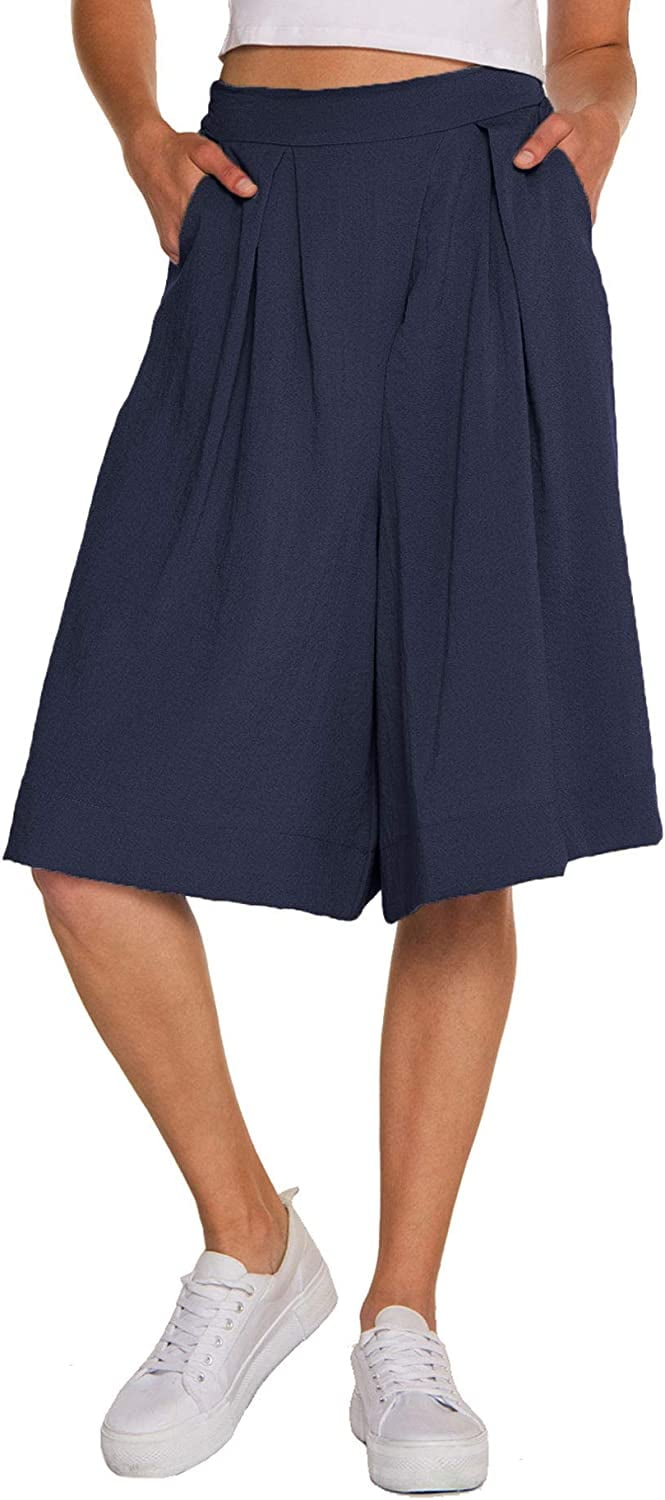 Woman's Casual Loose Fit Stretched Waist Knee Length Wide Leg Culottes