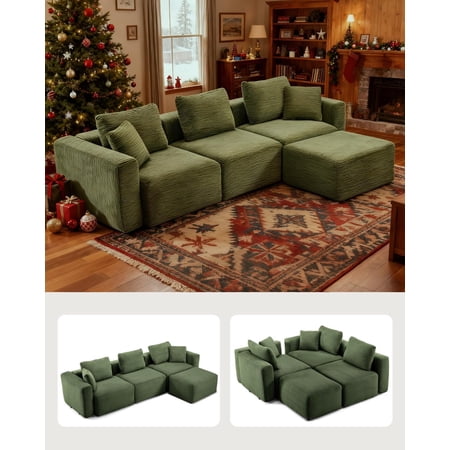 112" Sectional Couch with Movable Ottoman, Modern Corduroy Cloud Sofa Set with Deep Seat, Convertible L-Shape Boneless Couch for Living Room, Apartment, Studio, Green