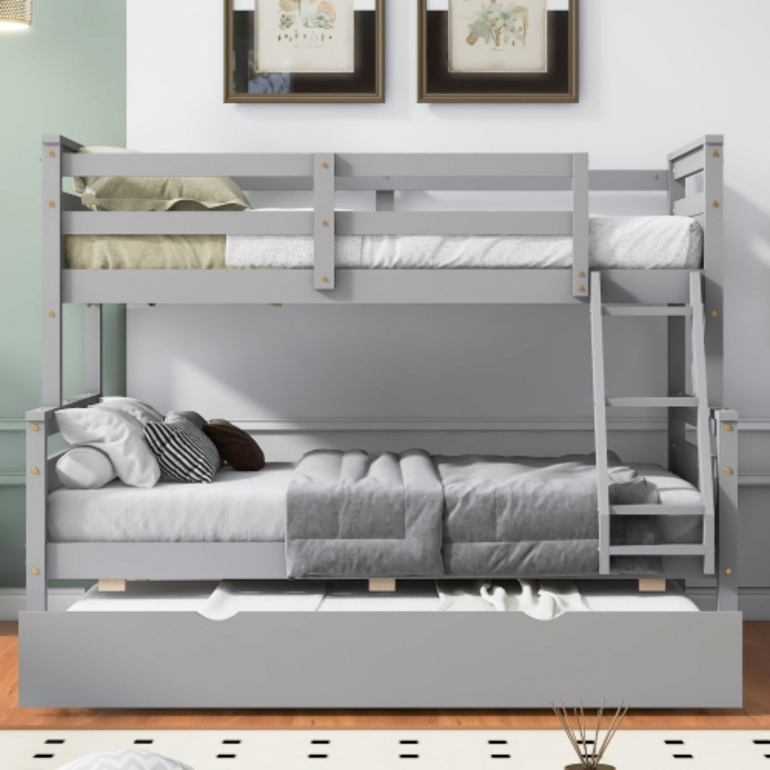 Twin Over Full Bunk Bed with Twin Trundle, Convertible Wood Bunk Bed with Ladder and Safety Guardrails, Twin Full Bed Frame for Kids Bedroom, Gray