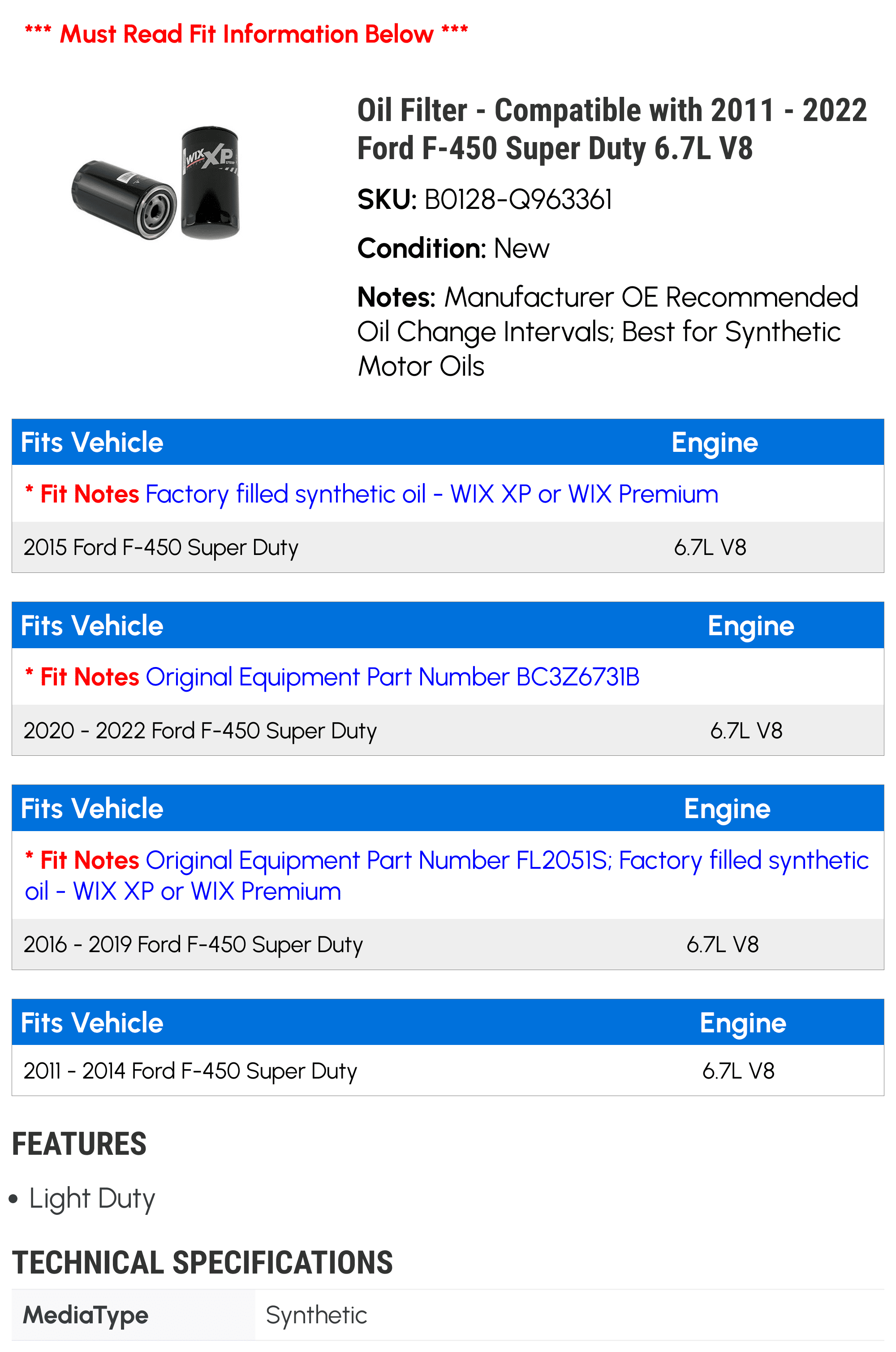 Oil Filter - Compatible with 2011 - 2022 Ford F-450 Super Duty 6.7L V8 2012 2013 2014 2015 2016 2017 2018 2019 2020 2021