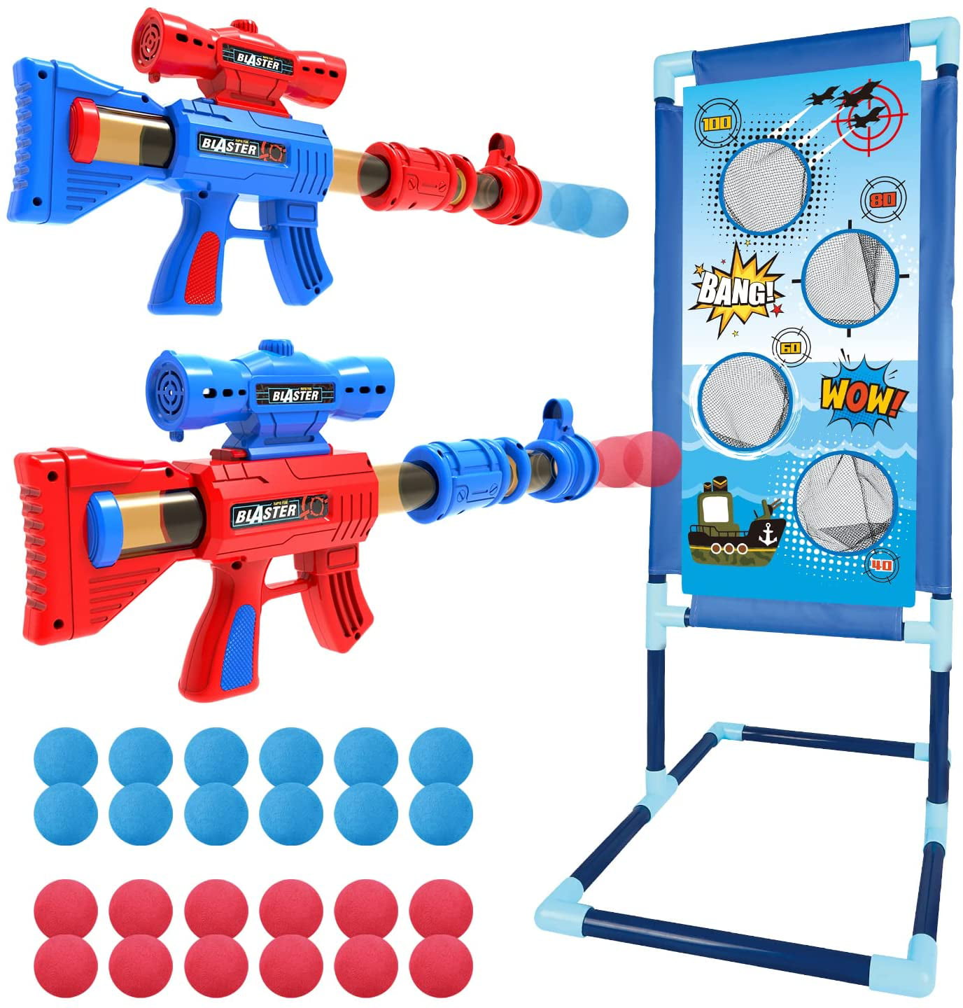 EagleStone Shooting Game Toy Foam Blaster Guns 2pk Foam Ball Popper Air Toy Guns with 2 Standing Shooting Target Gift for 6+ Kids Boys and Girls Indoor Activity Game for Nerf Toys 24 Foam Balls 