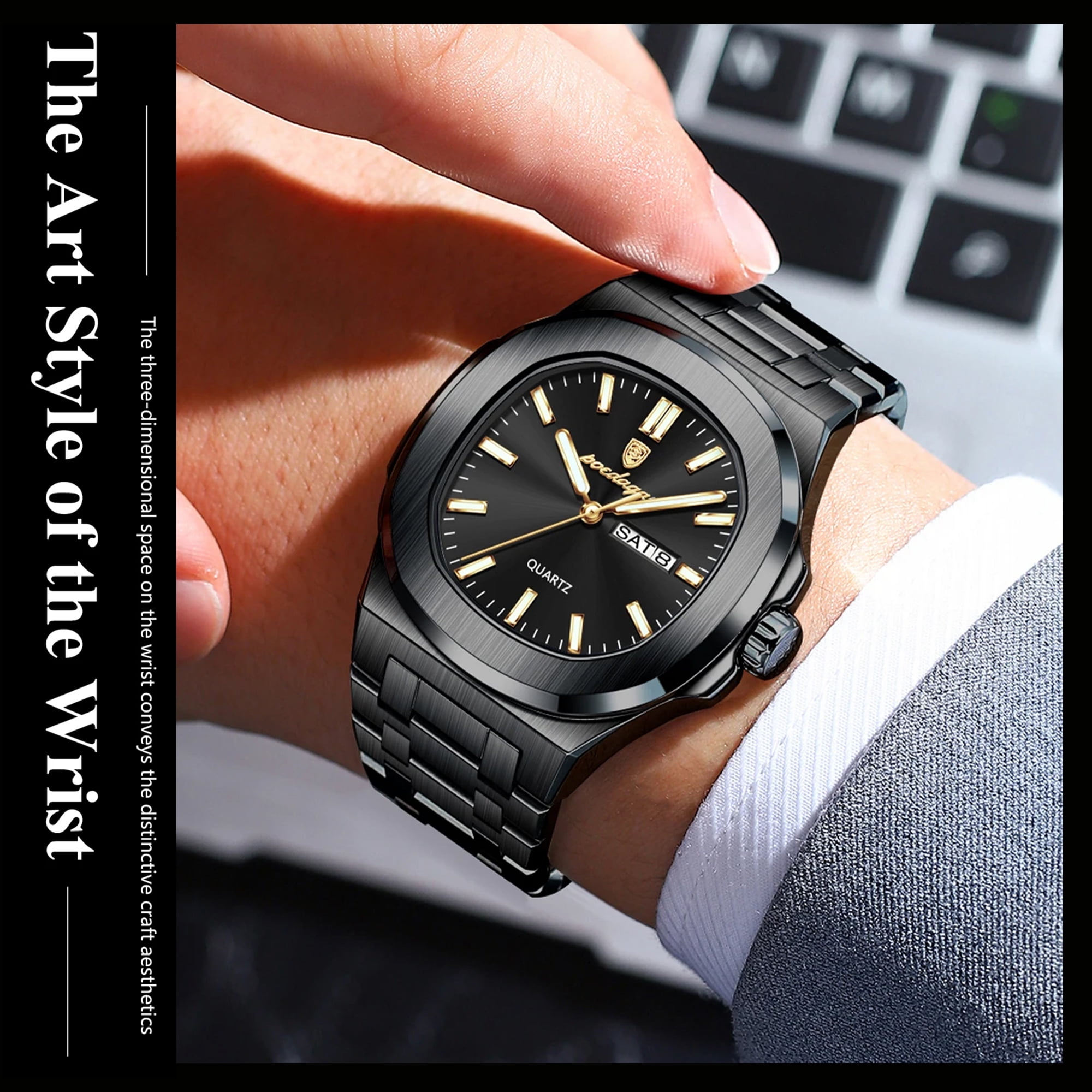 POEDAGAR Luxury Man Watch Square Waterproof Luminous Date Week Stainless Steel Quartz Men's Watches