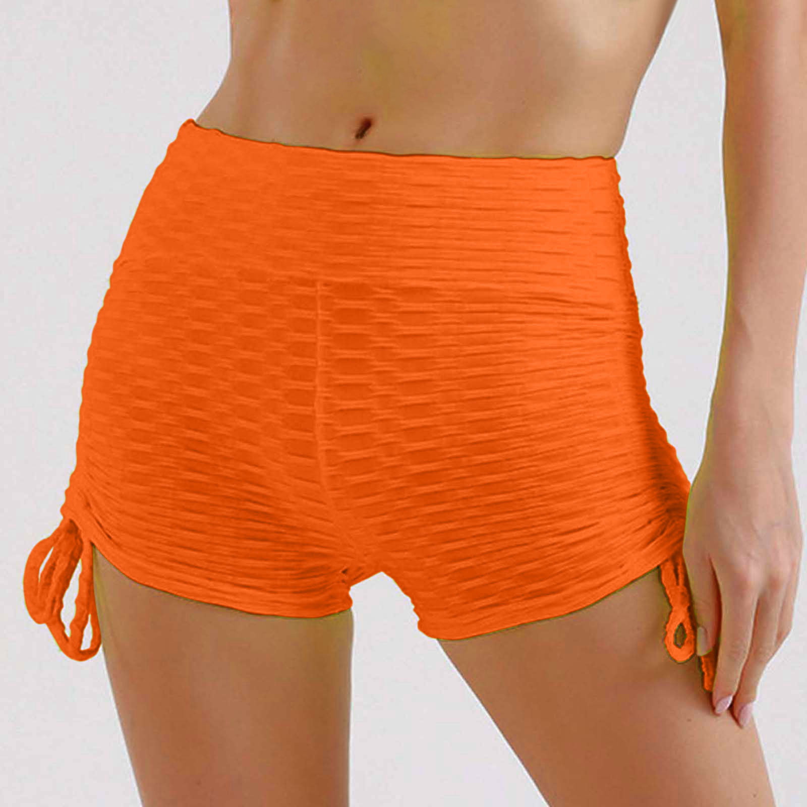 Solid Color Honeycomb Side Drawstring Shorts, High Stretchy Seersucker  Fabric Yoga Shorts, Women's Activewear
