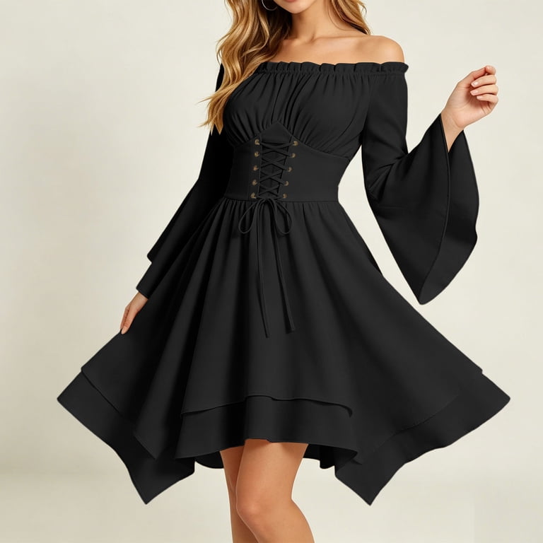 Eawtki Women's Off Shoulder Long Bell Sleeve Mini Dress Crisscross