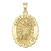 Saint Florian Scalloped Oval Religious Medal - 2/3 X 3/4 Inch Size of Nickel, Solid 14K Yellow Gold