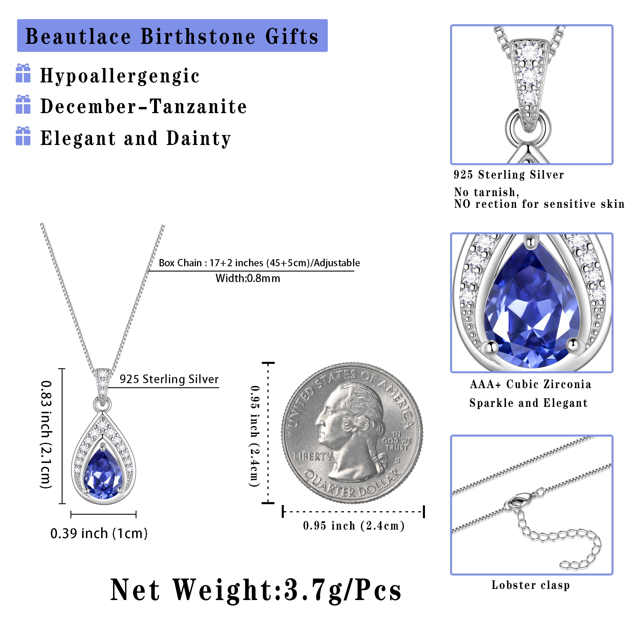 Beautlace 925 Sterling Silver Teardrop December Tanzanite Birthstone Necklace,Pear Cut Pendant Necklace Jewelry Birthday Christmas Gifts for Women/ Wife /Lover