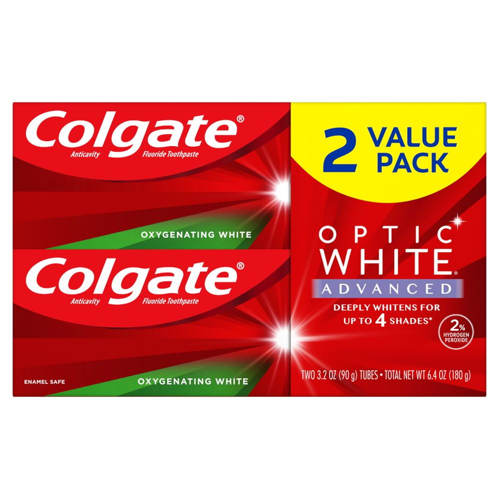 Colgate Optic White Advanced Teeth Whitening Toothpaste, Oxygenating White, 3.2 Oz Tube, 2 Pack