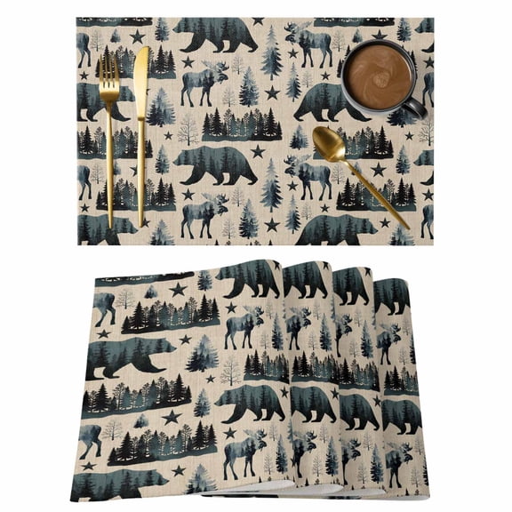 Vintage Bear Elk Cabin Placemats Set of 4 Farmhousee Pine Tree Rustic Place Mats Indoor Wipeable Table Mats Washable Cloth Dining Table Placemats for Kitchen Holiday Party Home Decor 13x19 Inch