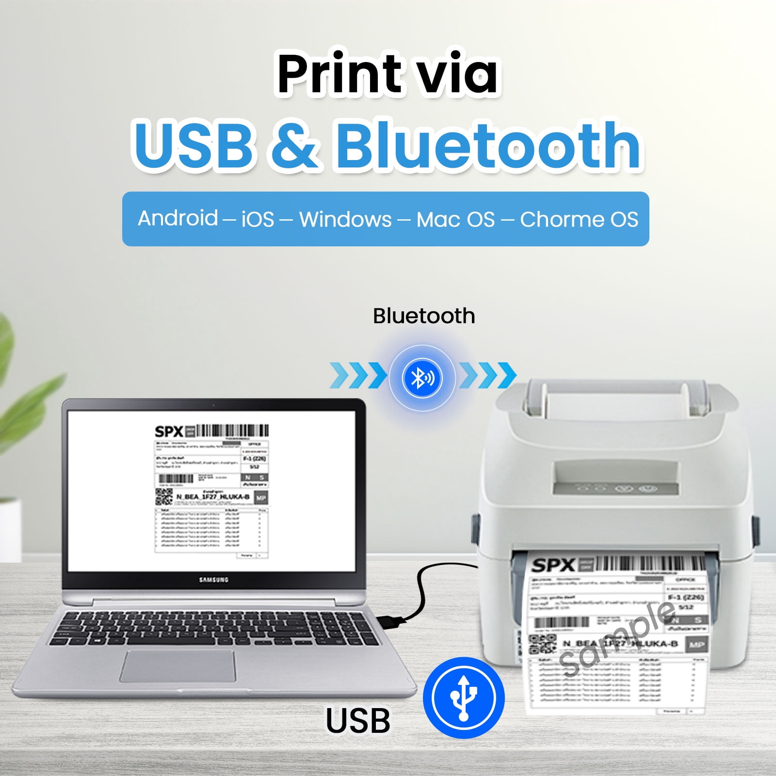 Grozziie Thermal Label Printer, 203DPI USB-Bluetooth, High Speed 4x6 Shipping Label Printer-Compatible with Android, iOS, Windows, macOS, & ChromeOS