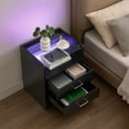 thumbnail image 2 of LED Nightstand with 2 Drawers, Night Stand with RGB LED Lights and Glass Top, Wooden Bedside Table with Open Storage, Modern End Side Table for Bedroom Living Room, 2 of 9