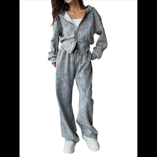 Chándal de Terciopelo de Dos Piezas para Mujer, Conjunto Deportivo de Dos Piezas con Capucha y Bolsillos. Gris M