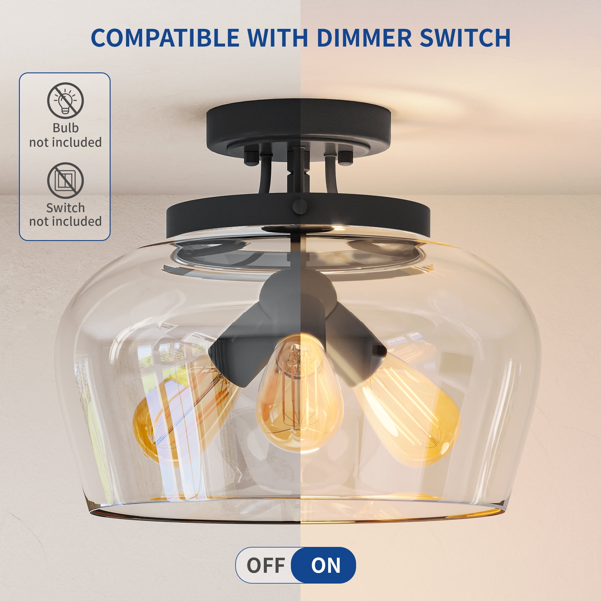 Uforic Semi Flush Mount Ceiling Light, Farmhouse Ceiling light with Clear Glass Shade, Modern Ceiling Light for Closet Dining Room Kitchen Hallway, Mattie Black