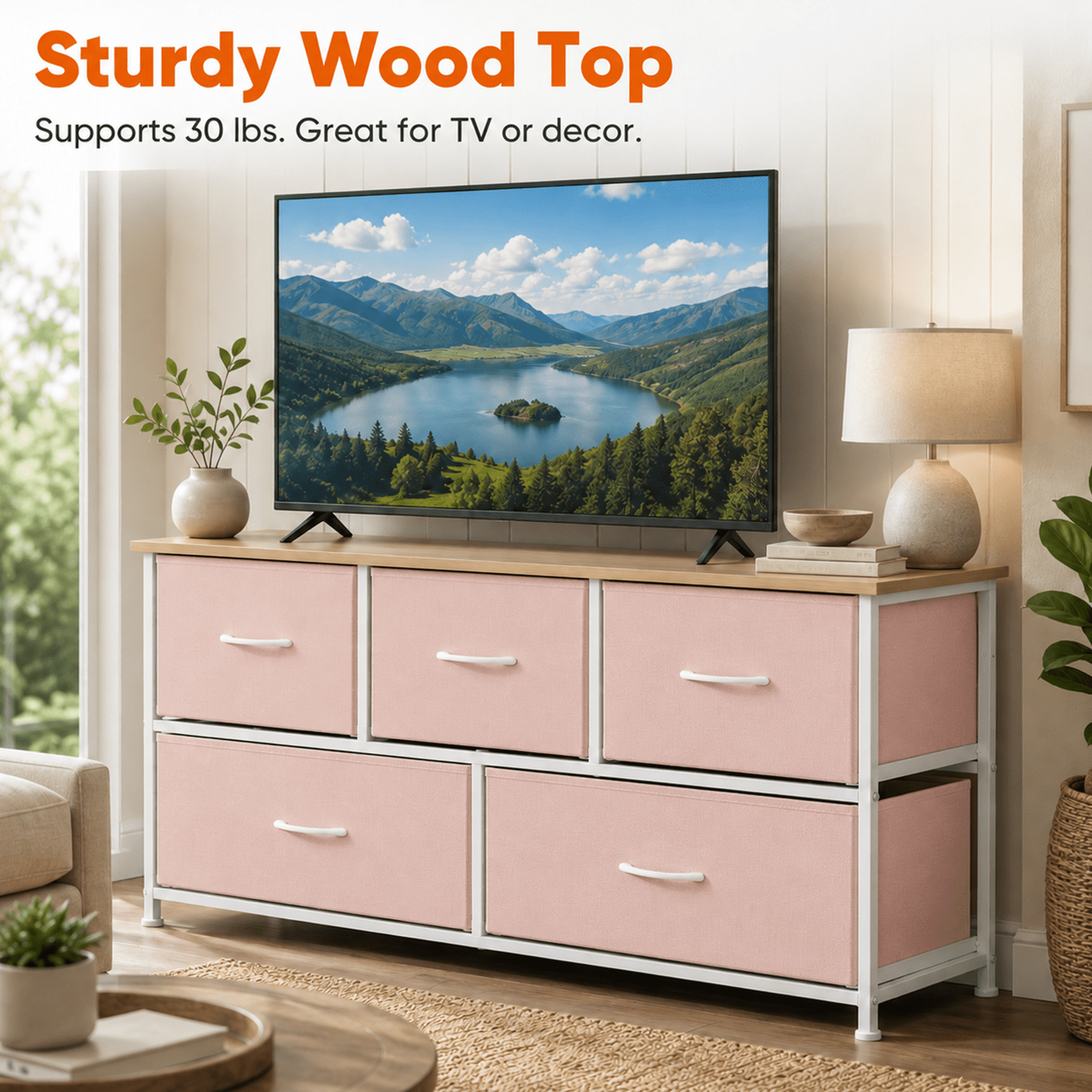 Alvantor Dresser for Bedroom with 4/5 Storage Drawers, Dressers Chest of Drawers Fabric Dresser with Sturdy Steel Frame, Wooden Top Cabinet Night Stand Dresser for Closet
