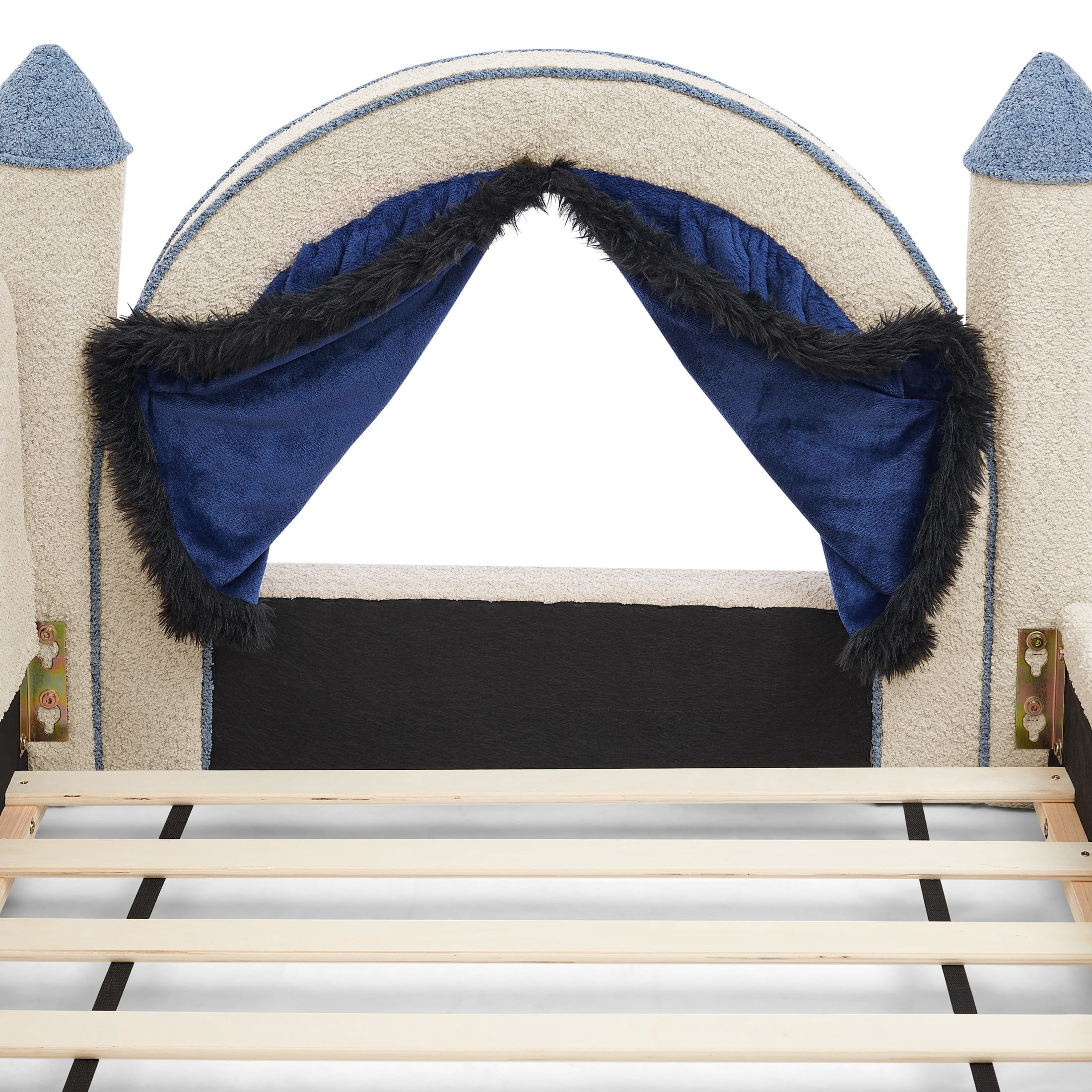 GDF Studio Solley Twin Size Castle Bed with Safety Guardrails, Curtain & Wood Frame, Boucle Upholstered Bed, Camel